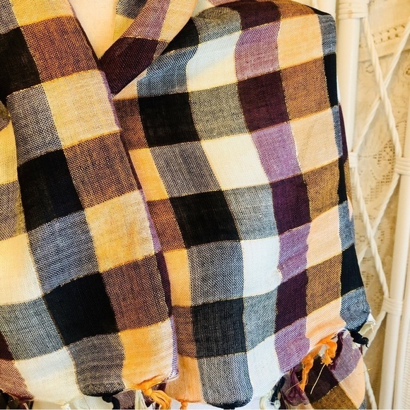 Forever 21 Scarf Square Buffalo Check Ivory Black Orange Metallic Thread Fringed - Picture 7 of 16